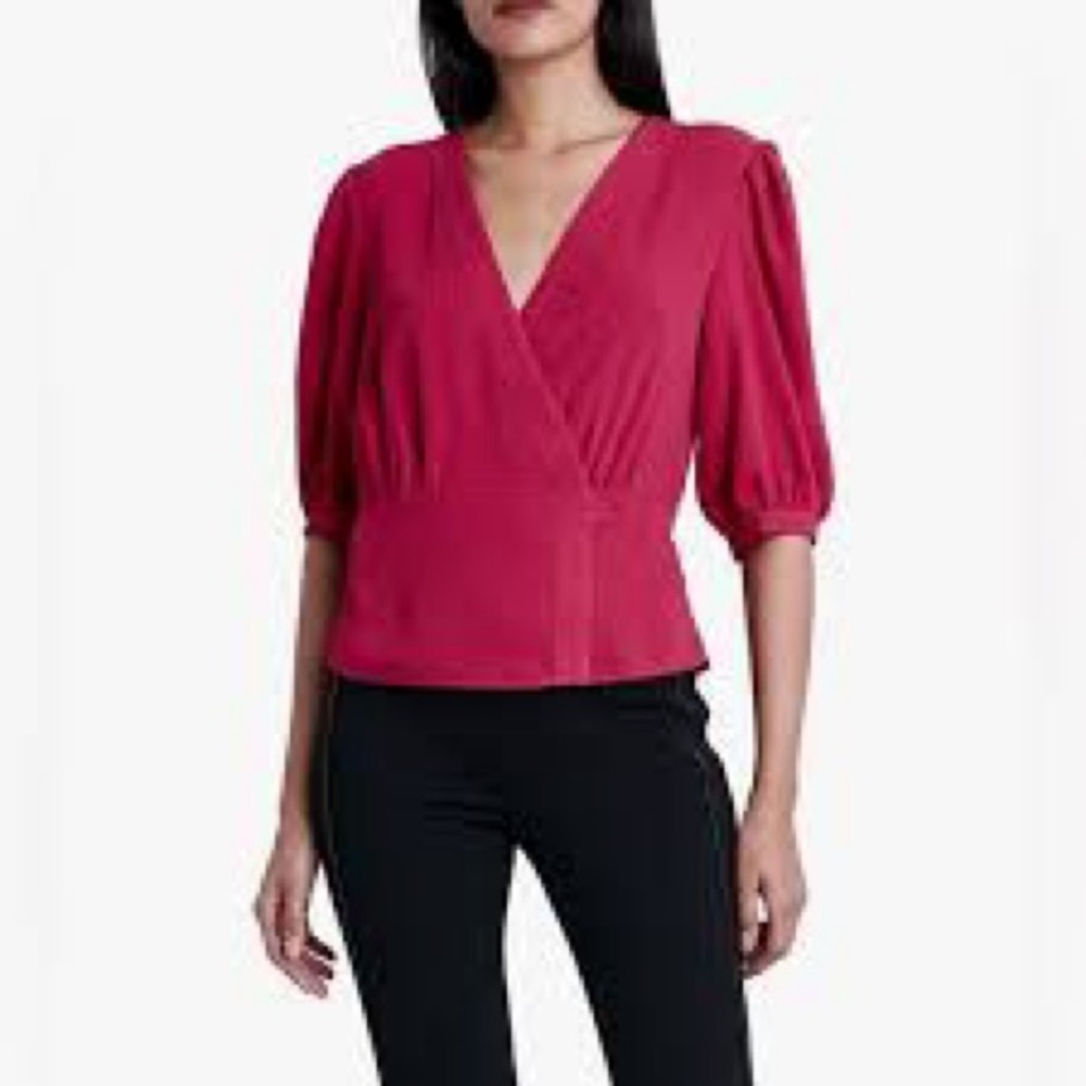 BCBGMAXAZRIA Red Wrap Blouse Puff Sleeve Peplum Top V Neck Designer Medium NWT - Picture 3 of 6